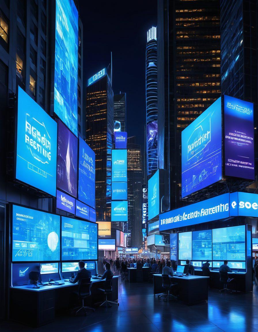A futuristic cityscape with towering digital billboards displaying 'SEO,' 'Web Hosting,' and 'Digital Marketing Strategies.' The skyline is bathed in ambient blue light, with high-speed data streams flowing between the buildings. Diverse business icons (laptops, graphs, people with laptops) are integrated into the scene. super-realistic. vibrant colors. high-tech aesthetic. glowing elements.