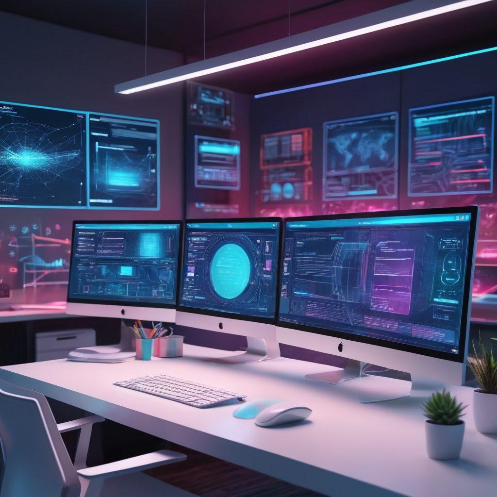 A futuristic workspace featuring multiple computer screens displaying various web design and development tools, complete with coding languages, wireframes, and graphic design elements. A creative designer in a modern, minimalist office space, focused and immersed in the digital craft. Holographic UI and vibrant colors illustrating the dynamism of web development. 3D. super-realistic.