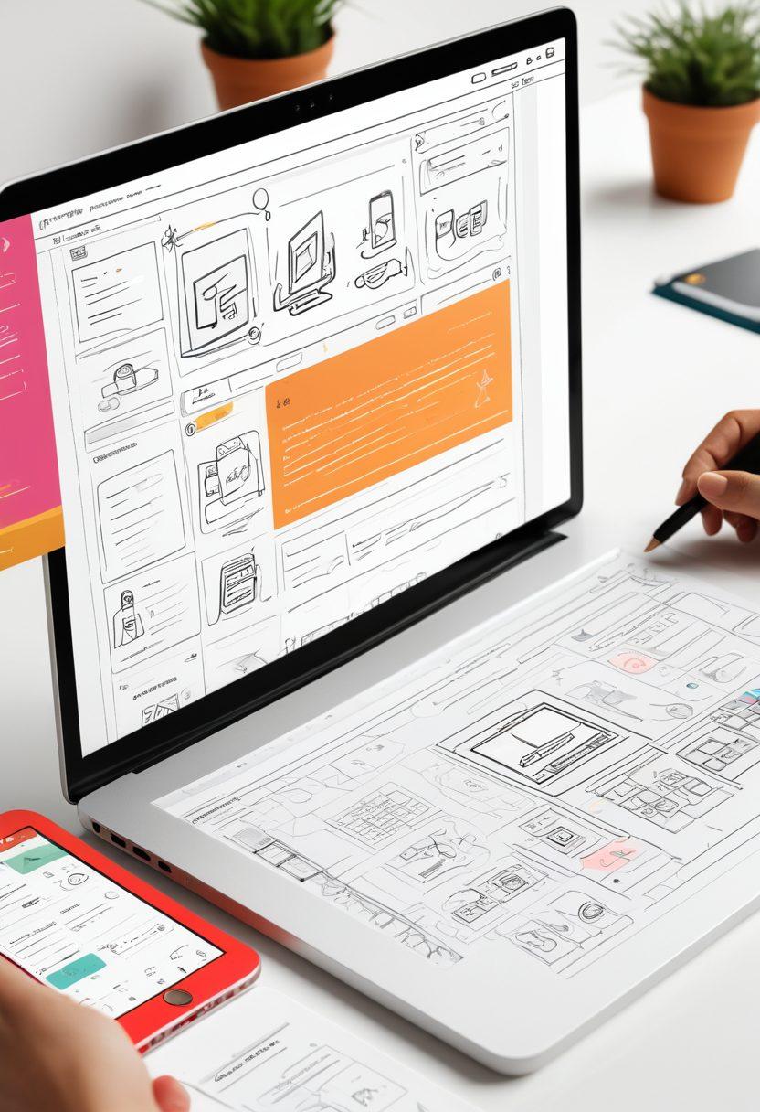 A laptop and smartphone displaying a beautifully designed website interface, with a diverse group of people interacting around it, showing the fluidity and adaptability of responsive design. Include subtle elements like wireframes, design tools, and creative sketches in the background to emphasize UI/UX. Vibrant colors. super-realistic. white background.